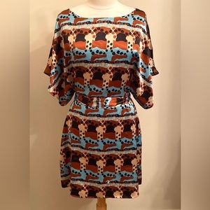 BCBGMAXAZRIA Brown Cream Aztec Print Kimono Sleeve Belted Satin Mini Dress SZ M